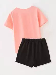 SHEIN Tween Girl 2pcs/Set Fashion Leopard Print Bow Tie Eyeglasses And Girl Portrait Printed Short Sleeve T-Shirt And Shorts Outfit