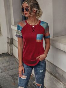 EMERY ROSE Damskie T-shirty Kieszeń Kolorowe bloki Casual - Wielokolorowe - Zobacz 3