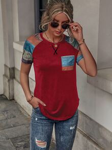 EMERY ROSE Damskie T-shirty Kieszeń Kolorowe bloki Casual - Wielokolorowe - Zobacz 5