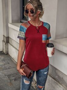 EMERY ROSE Damskie T-shirty Kieszeń Kolorowe bloki Casual - Wielokolorowe - Zobacz 6
