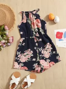 SHEIN Young Girl Toddler Girls Floral Print Bow Front Halter Romper - Multicolor - View 1