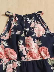 SHEIN Young Girl Toddler Girls Floral Print Bow Front Halter Romper - Multicolor - View 3