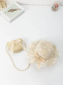 Mini Girls Bow Decor Straw Bag With Hat - Beige - View 1