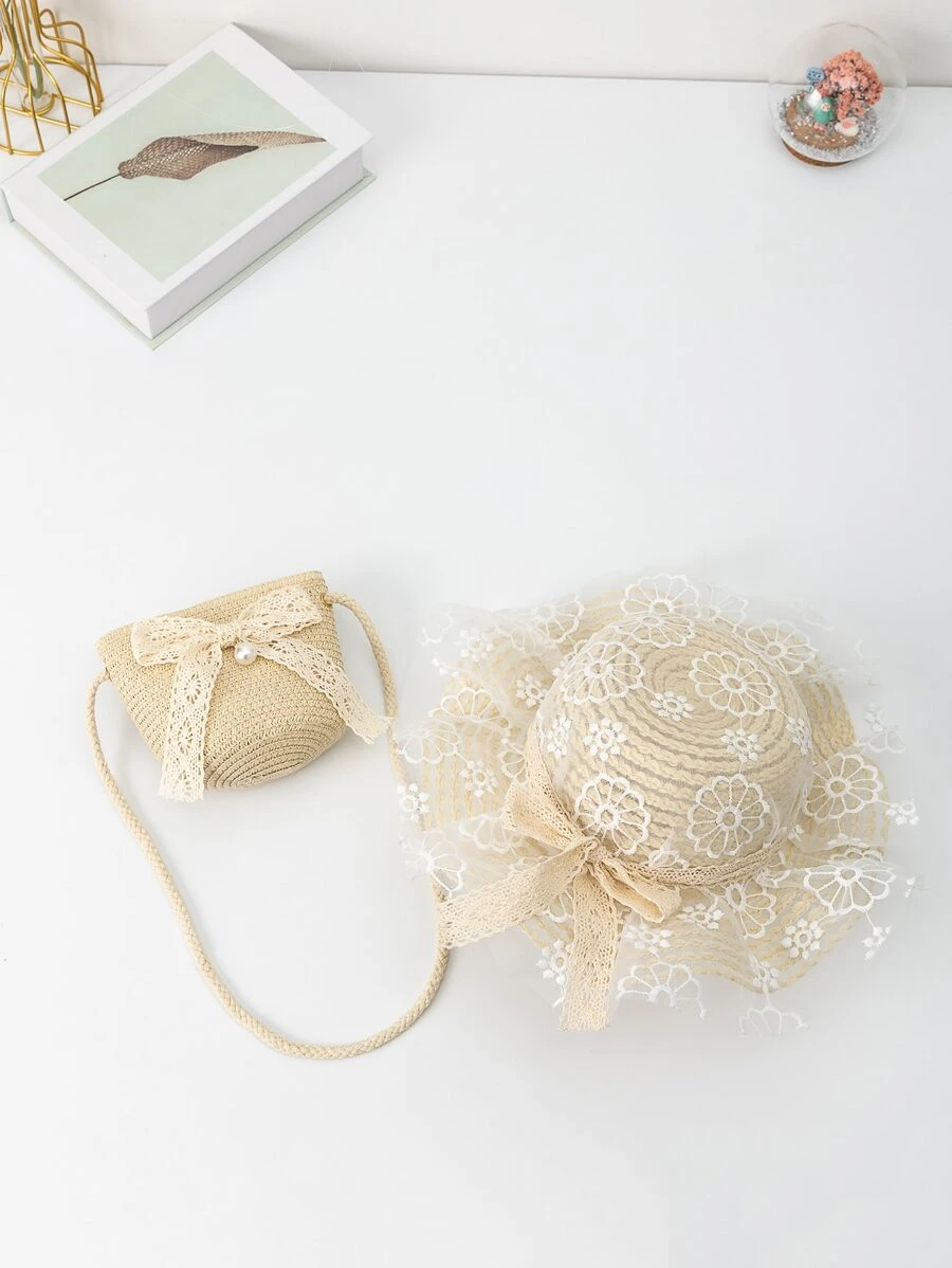 Mini Girls Bow Decor Straw Bag With Hat - Beige - View 1