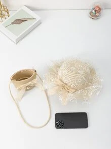 Mini Girls Bow Decor Straw Bag With Hat - Beige - View 2