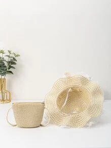 Mini Girls Bow Decor Straw Bag With Hat - Beige - View 3