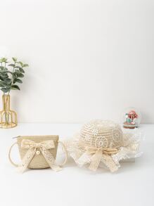 Mini Girls Bow Decor Straw Bag With Hat - Beige - View 4