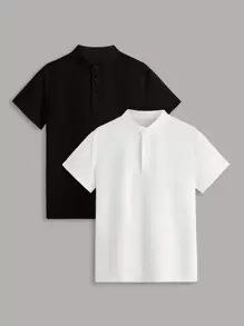 SHEIN Leap Crew Tween Boy 2pcs Solid Half Button Polo Shirt - Black and White - View 1