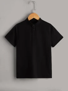 SHEIN Leap Crew Tween Boy 2pcs Solid Half Button Polo Shirt - Black and White - View 7