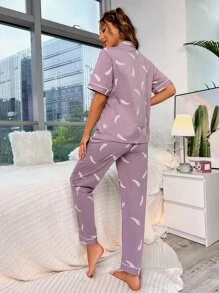 Conjunto de pijama con estampado de pluma de cuello con solapa - Púrpura malva - Ver 2