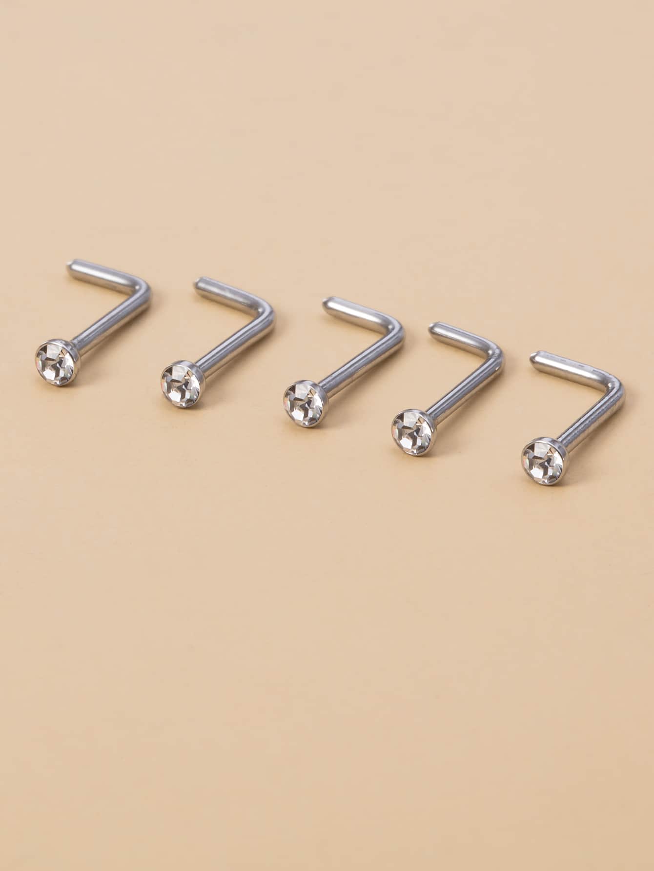 5入組/套方晶鋯石裝飾鼻釘中性不銹鋼水晶龐克穿孔-A時尚身體鏈禮品適用於任何場合 - 銀色 - 查看 1