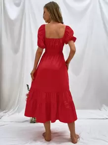 GENKIRA 泡泡袖前繫帶腰部打褶荷葉邊連衣裙 - 紅色 - 查看 2