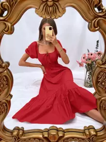 GENKIRA 泡泡袖前繫帶腰部打褶荷葉邊連衣裙 - 紅色 - 查看 3