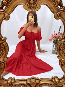 GENKIRA 泡泡袖前繫帶腰部打褶荷葉邊連衣裙 - 紅色 - 查看 6