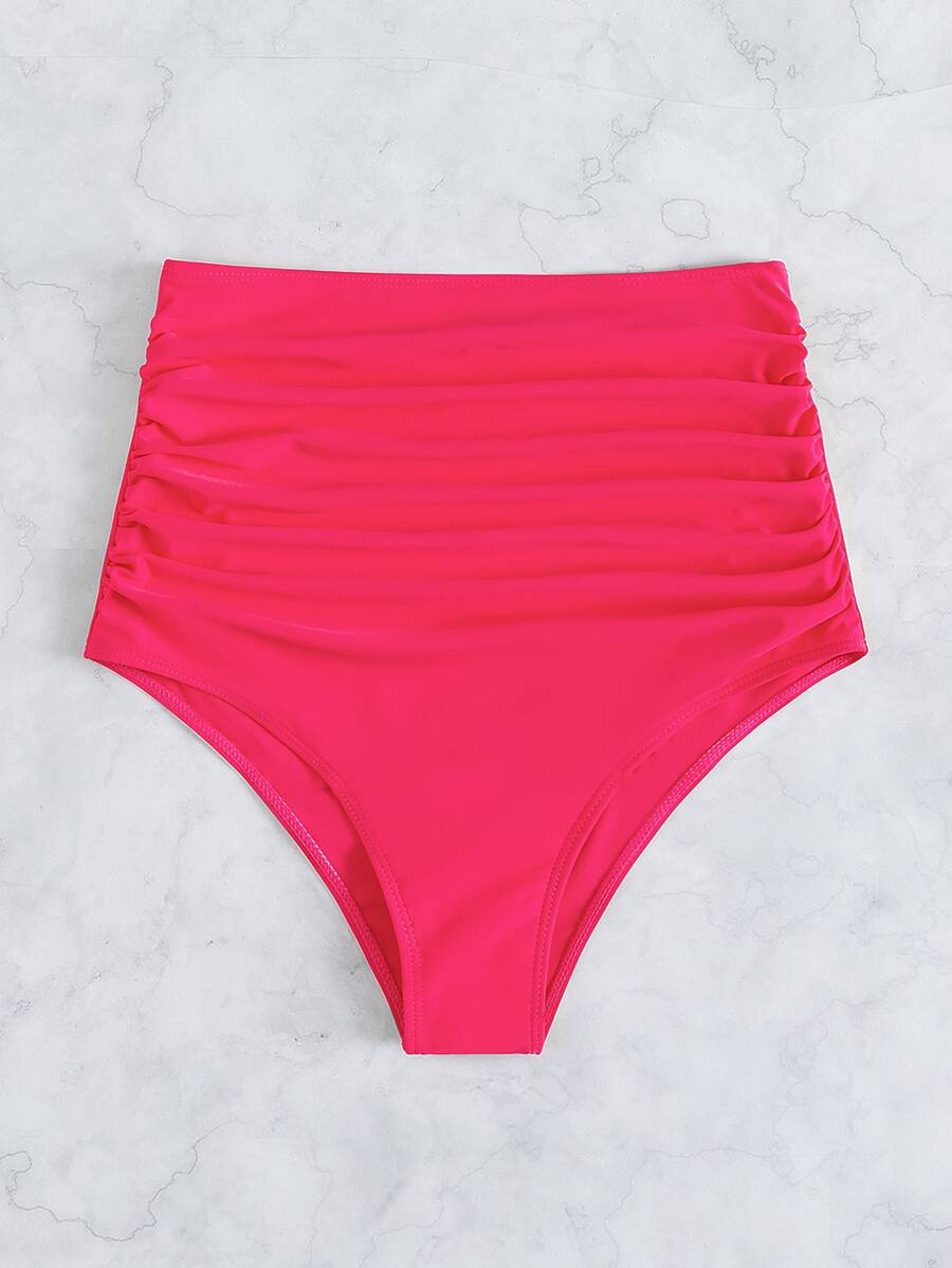 Ruched High Waisted Bikini Bottom, For Summer Beach Vacation - Watermelon Pink - View 1
