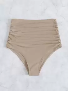 Ruched High Waisted Bikini Bottom, For Summer Beach Vacation - Khaki - View 1