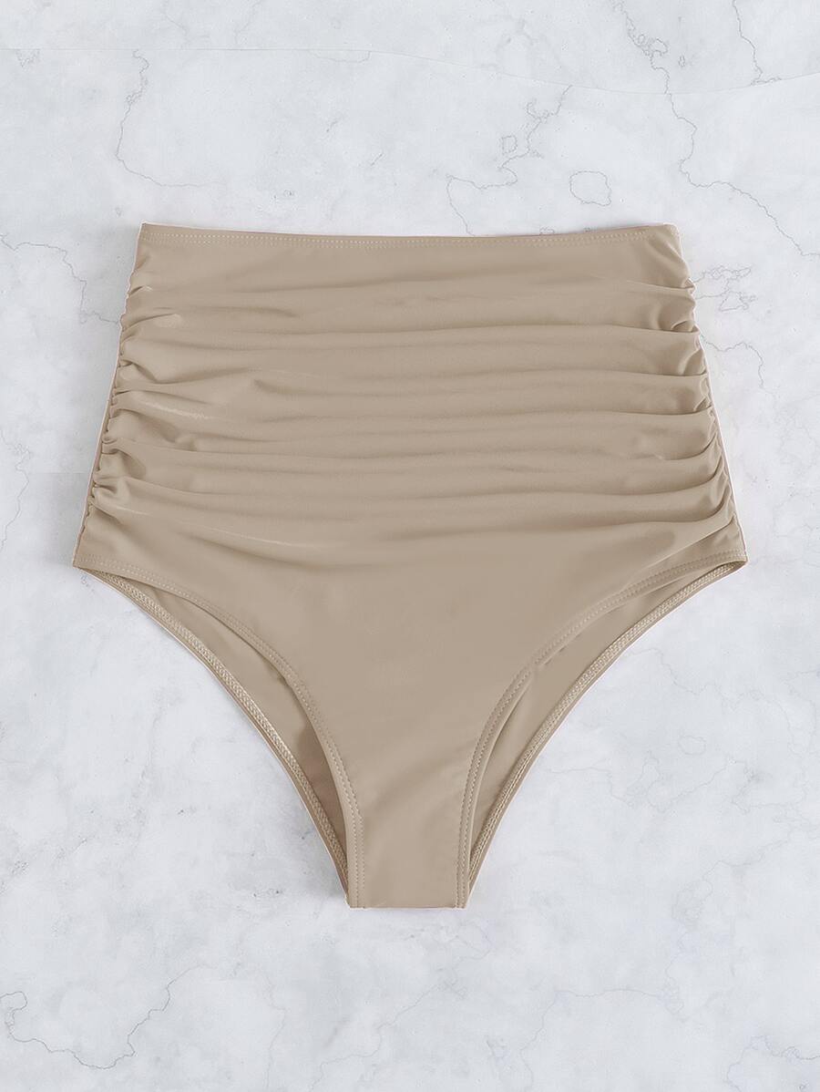 Ruched High Waisted Bikini Bottom, For Summer Beach Vacation - Khaki - View 1