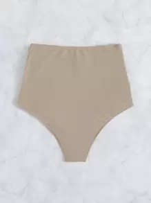 Ruched High Waisted Bikini Bottom, For Summer Beach Vacation - Khaki - View 2