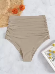 Ruched High Waisted Bikini Bottom, For Summer Beach Vacation - Khaki - View 3
