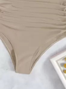 Ruched High Waisted Bikini Bottom, For Summer Beach Vacation - Khaki - View 4