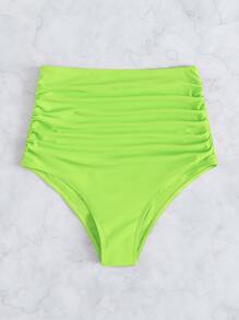 Ruched High Waisted Bikini Bottom, For Summer Beach Vacation - Lime Green - View 1