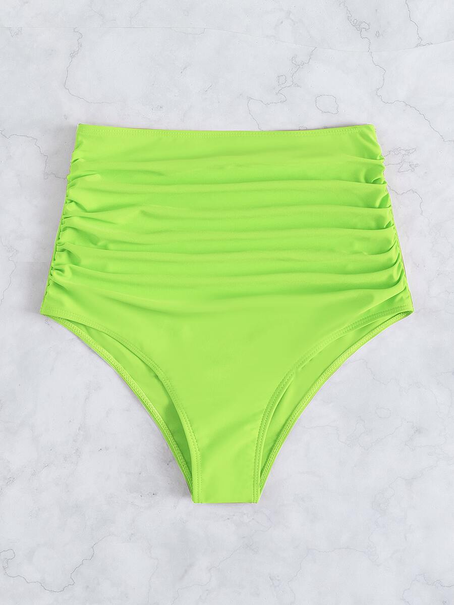 Ruched High Waisted Bikini Bottom, For Summer Beach Vacation - Lime Green - View 1