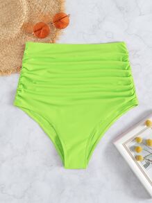 Ruched High Waisted Bikini Bottom, For Summer Beach Vacation - Lime Green - View 4