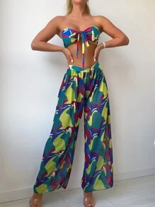 3packs All Over Print Knot Front Bandeau Bikini Set & Cover Up Pants, For Summer Beach Vacation - Multicolor - View 1