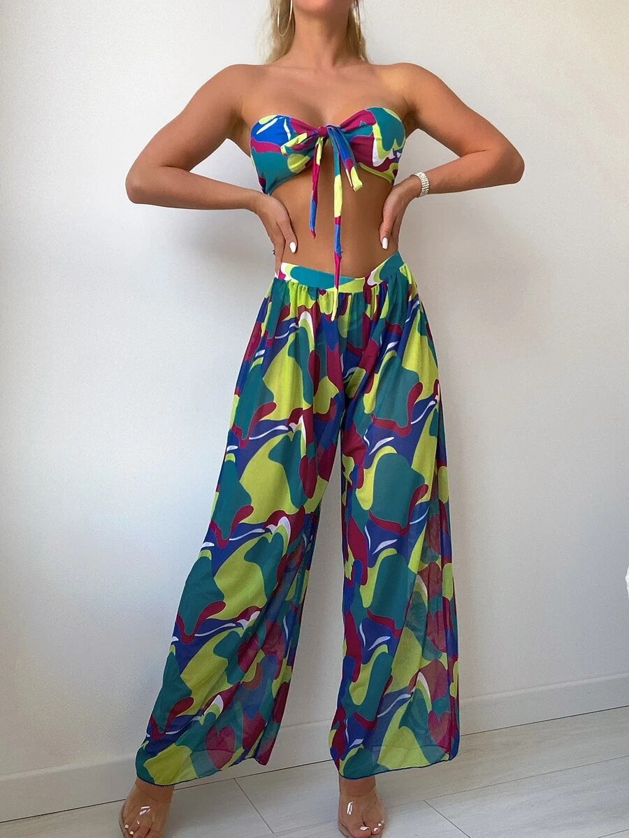 3packs All Over Print Knot Front Bandeau Bikini Set & Cover Up Pants, For Summer Beach Vacation - Multicolor - View 1