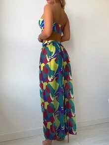 3packs All Over Print Knot Front Bandeau Bikini Set & Cover Up Pants, For Summer Beach Vacation - Multicolor - View 2