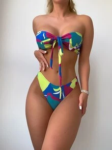 3packs All Over Print Knot Front Bandeau Bikini Set & Cover Up Pants, For Summer Beach Vacation - Multicolor - View 4