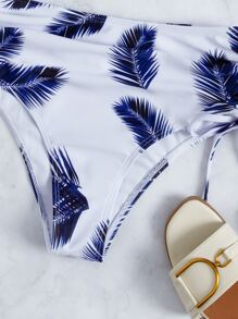 Random Tropical Print Crossover Drawstring Bikini, For Summer Beach Vacation - Blue and White - View 3