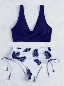 Random Tropical Print Crossover Drawstring Bikini, For Summer Beach Vacation - Blue and White - View 4