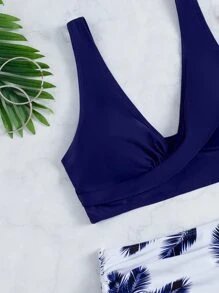 Random Tropical Print Crossover Drawstring Bikini, For Summer Beach Vacation - Blue and White - View 6