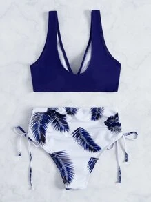 Random Tropical Print Crossover Drawstring Bikini, For Summer Beach Vacation - Blue and White - View 7