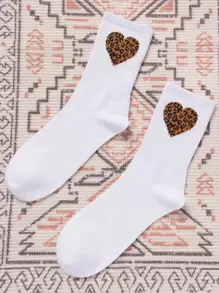 Heart & Leopard Print Crew Socks - White - View 1