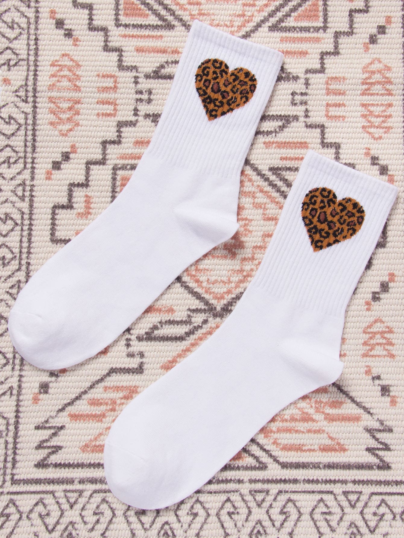 Heart & Leopard Print Crew Socks - White - View 1