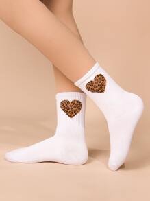 Heart & Leopard Print Crew Socks - White - View 2