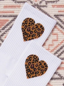 Heart & Leopard Print Crew Socks - White - View 3