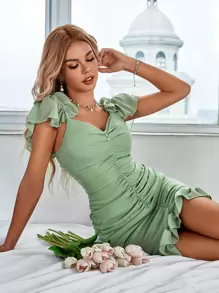 Solid Ruched Ruffle Hem Dress - Green - View 1