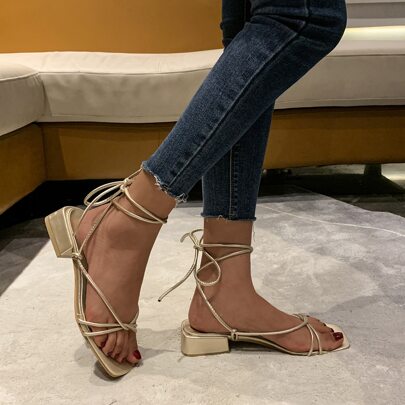 Metallic Tie Leg Design Strappy Sandals