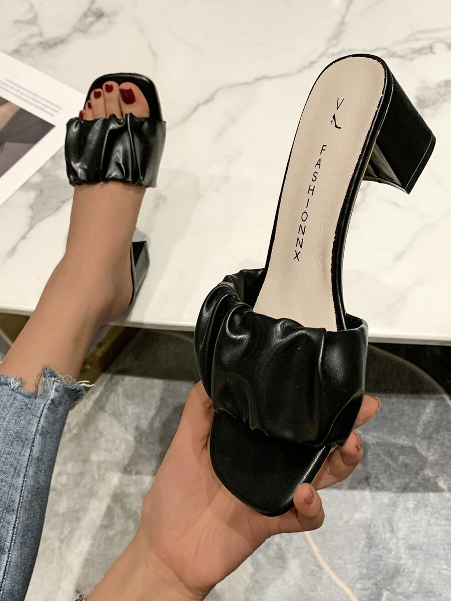 Women Ruched Detail Chunky Heeled Mule Sandals, Elegant Black Heeled Sandals - Black - View 1