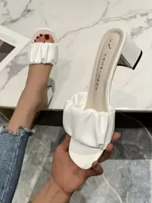 Ruched Chunky Heeled Mule Sandals - White - View 1