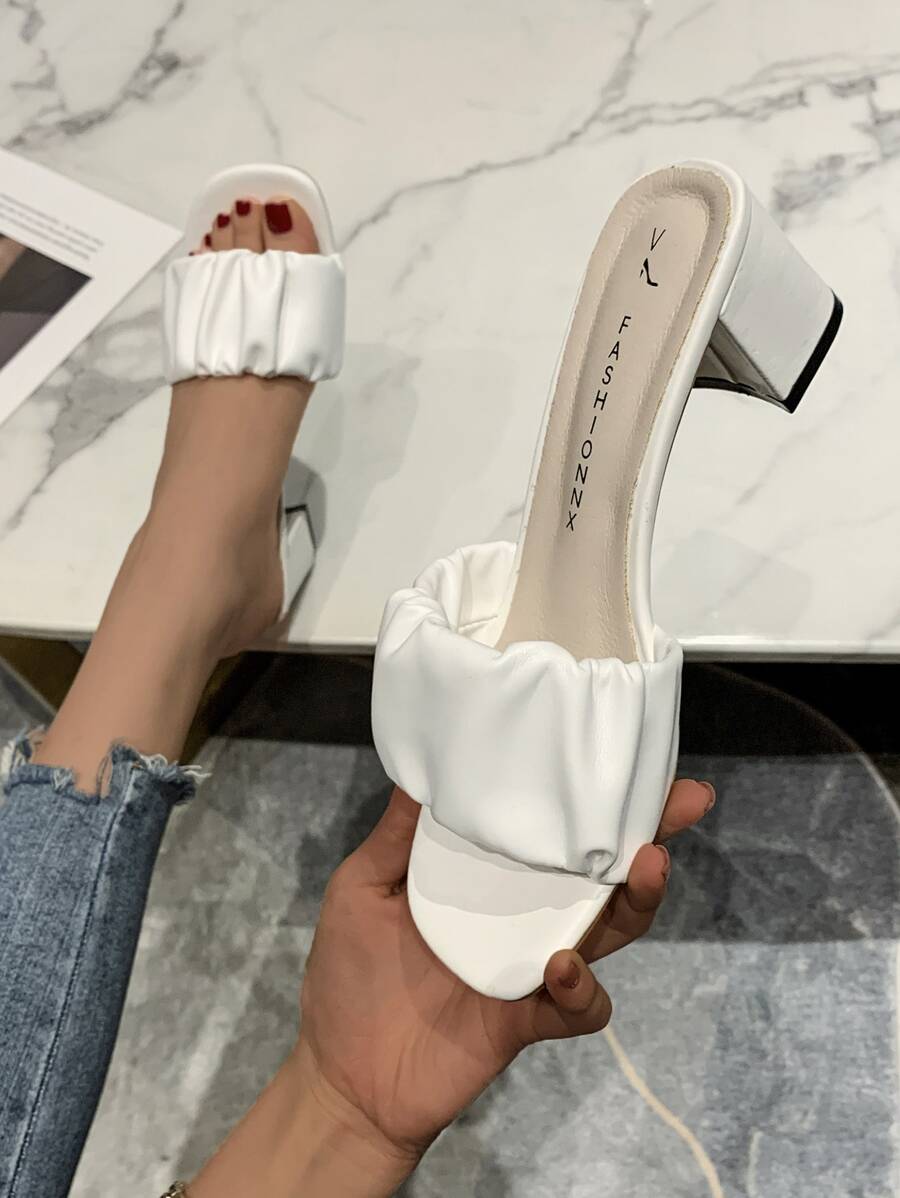 Ruched Chunky Heeled Mule Sandals - White - View 1