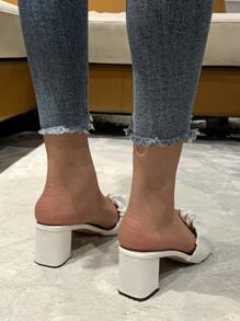 Ruched Chunky Heeled Mule Sandals - White - View 2