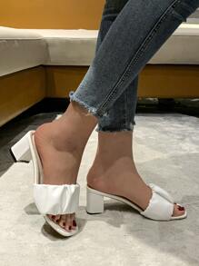 Ruched Chunky Heeled Mule Sandals - White - View 3