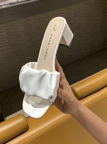 Ruched Chunky Heeled Mule Sandals - White - View 4