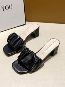 Women Ruched Detail Chunky Heeled Mule Sandals, Elegant Black Heeled Sandals - Black - View 7