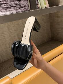 Women Ruched Detail Chunky Heeled Mule Sandals, Elegant Black Heeled Sandals - Black - View 8