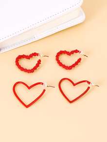 2 pares Pendientes de aro abierto con diseño de corazón - Rojo - Ver 2